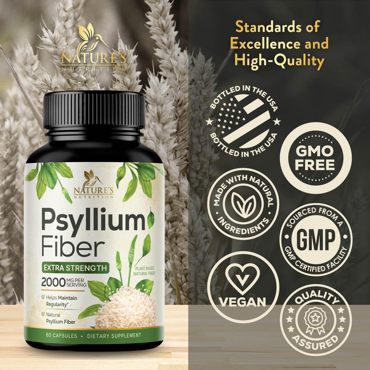 Psyllium Husk Powder 2000mg Fiber Supplement 60 Capsules Z52200