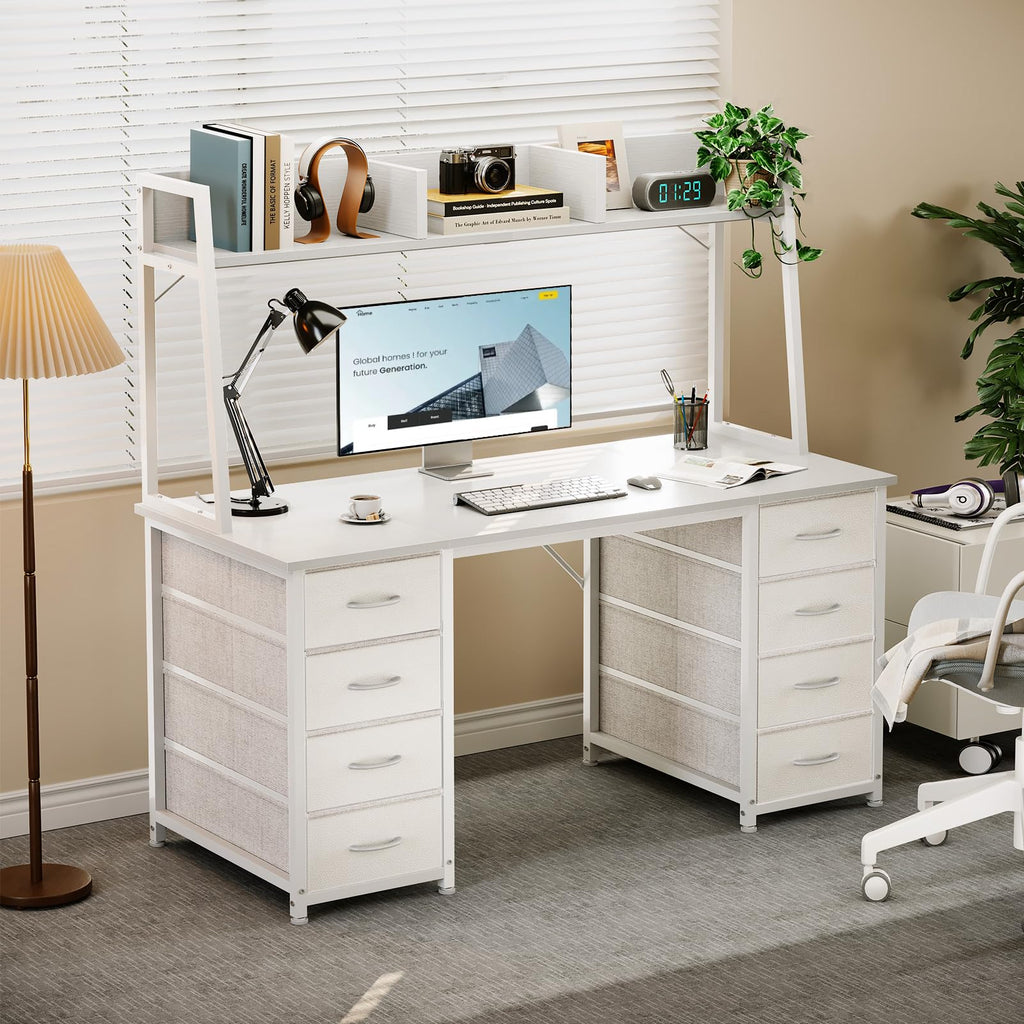 48 Inch White Computer Desk with Hutch and 8 Drawers N27327