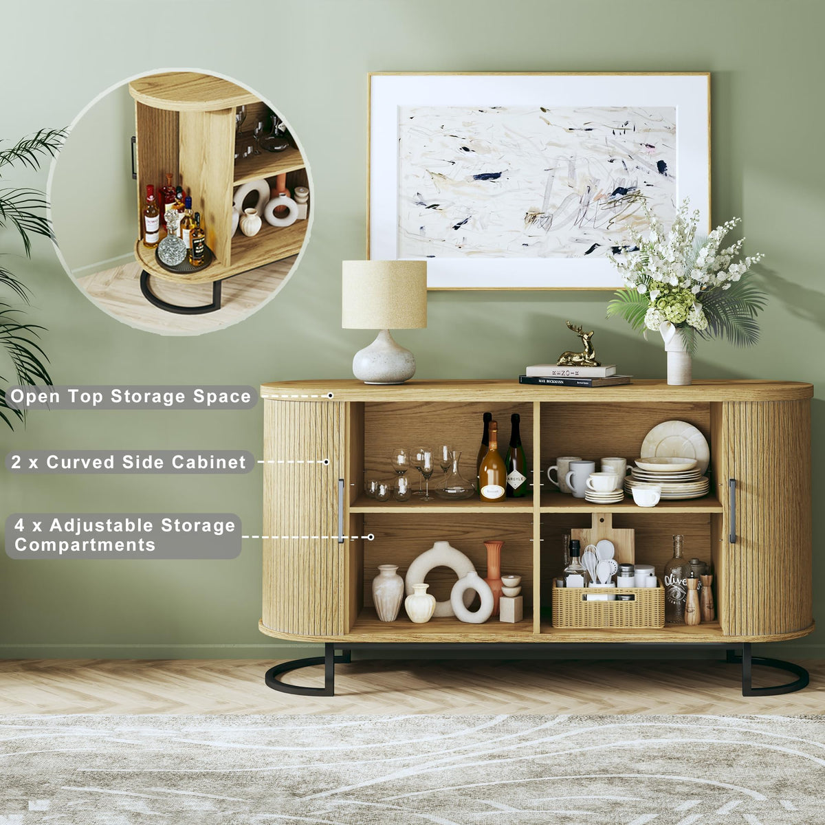 Sideboard Buffet Cabinet with Storage, Fluted Tambour, Adjustable Shelves N151927