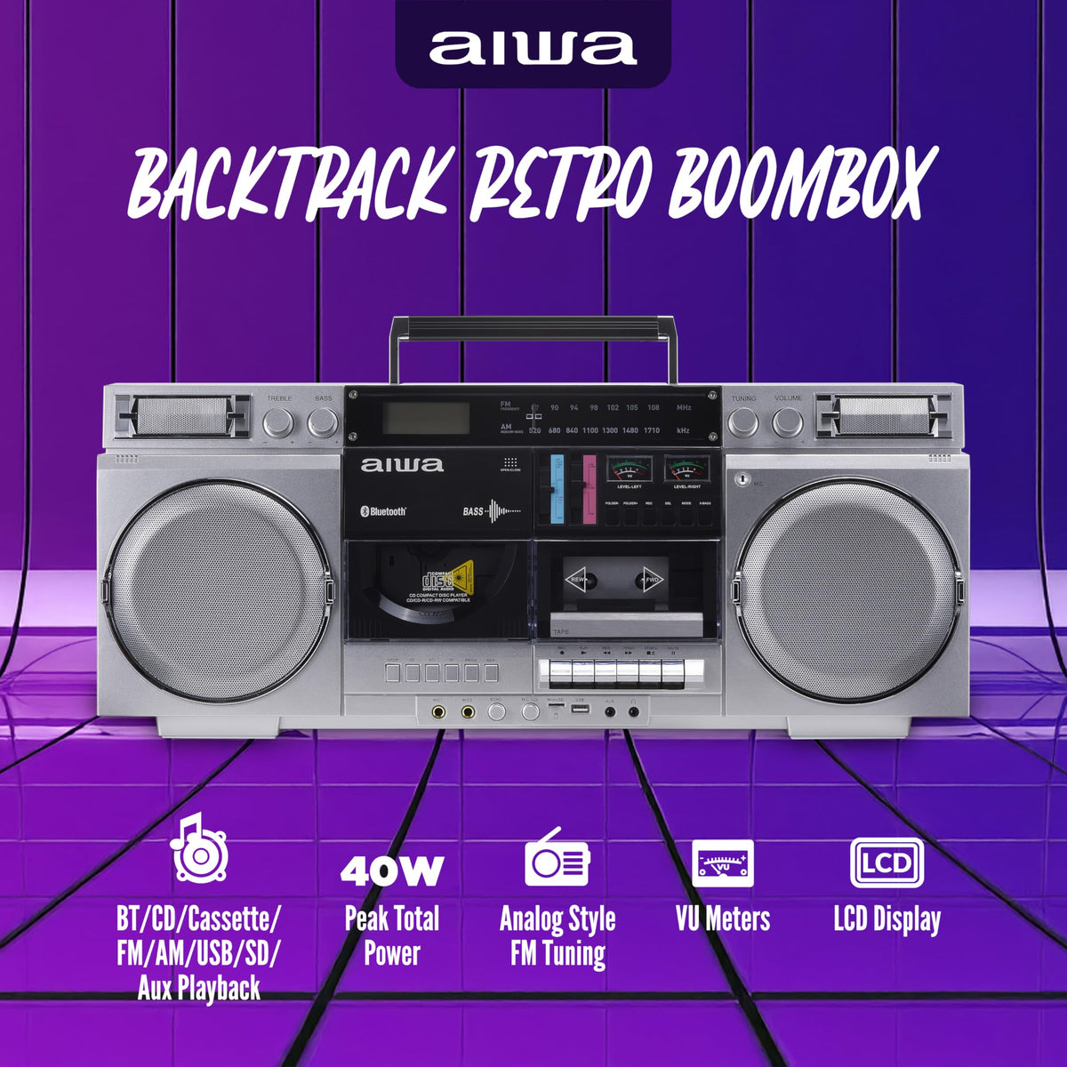 Retro Boombox CD Player with Cassette Recording, Bluetooth, FM/AM Radio, USB/SD/AUX Inputs, Dual 40W Speakers E339548