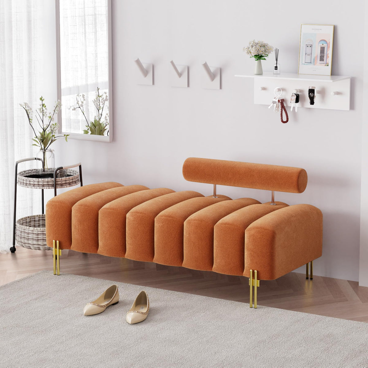 Orange Velvet Ottoman Bench W7495