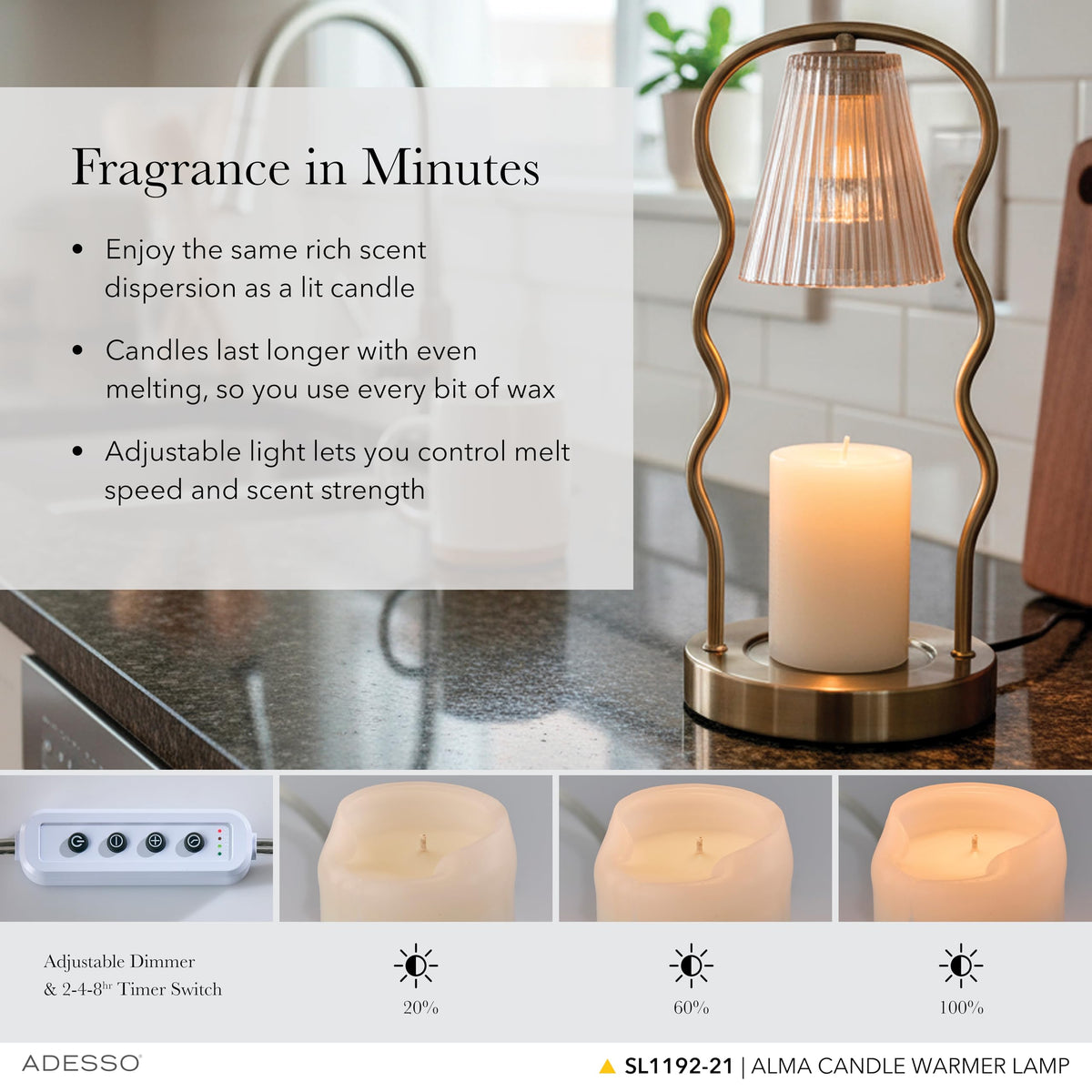Candle Warmer Lamp, Antique Brass & Ribbed Glass, Dimmable H271794
