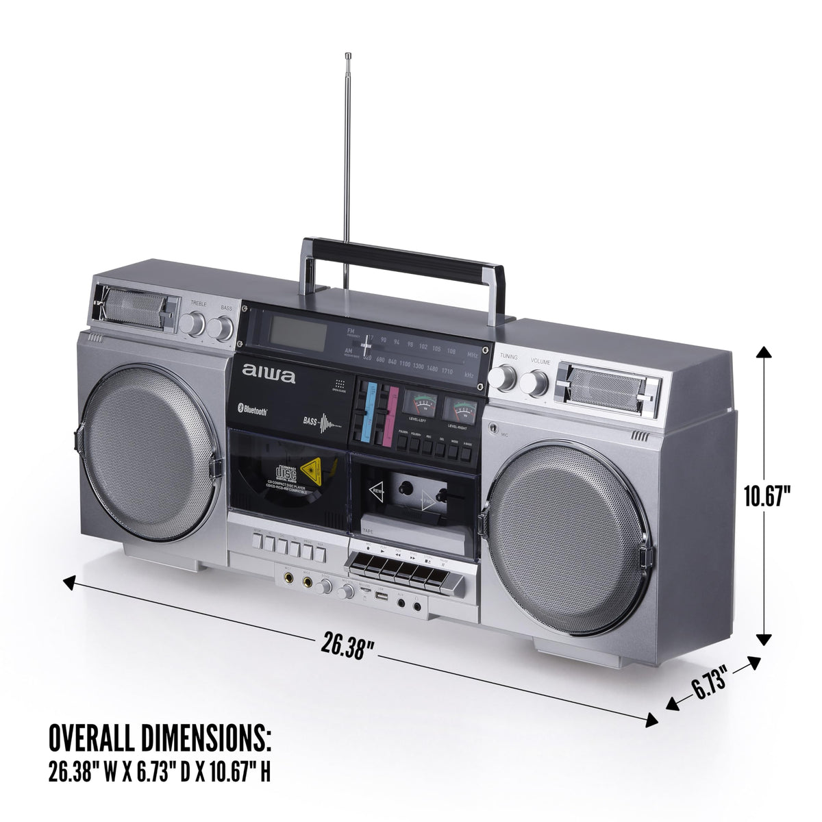 Retro Boombox CD Player with Cassette Recording, Bluetooth, FM/AM Radio, USB/SD/AUX Inputs, Dual 40W Speakers E339548