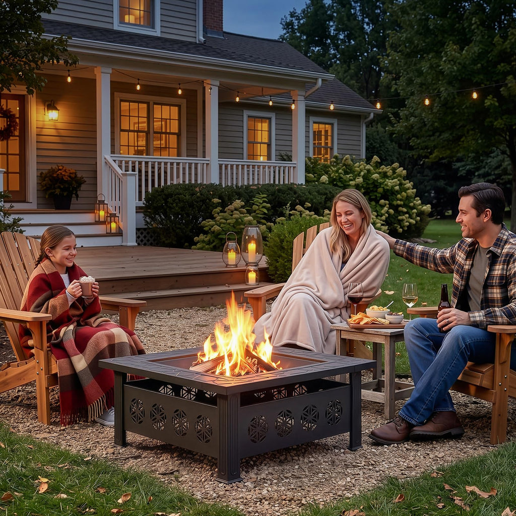 32 Inch Square Wood Burning Fire Pit Table with Spark Screen Lid and Fire Poker X467779