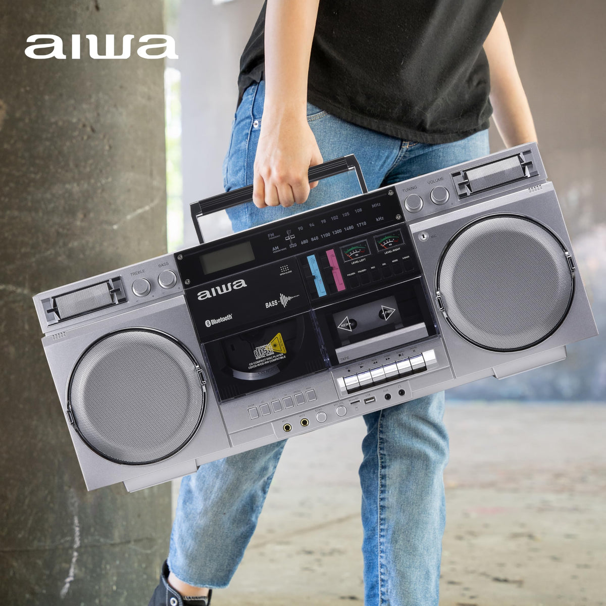 Retro Boombox CD Player with Cassette Recording, Bluetooth, FM/AM Radio, USB/SD/AUX Inputs, Dual 40W Speakers E339548