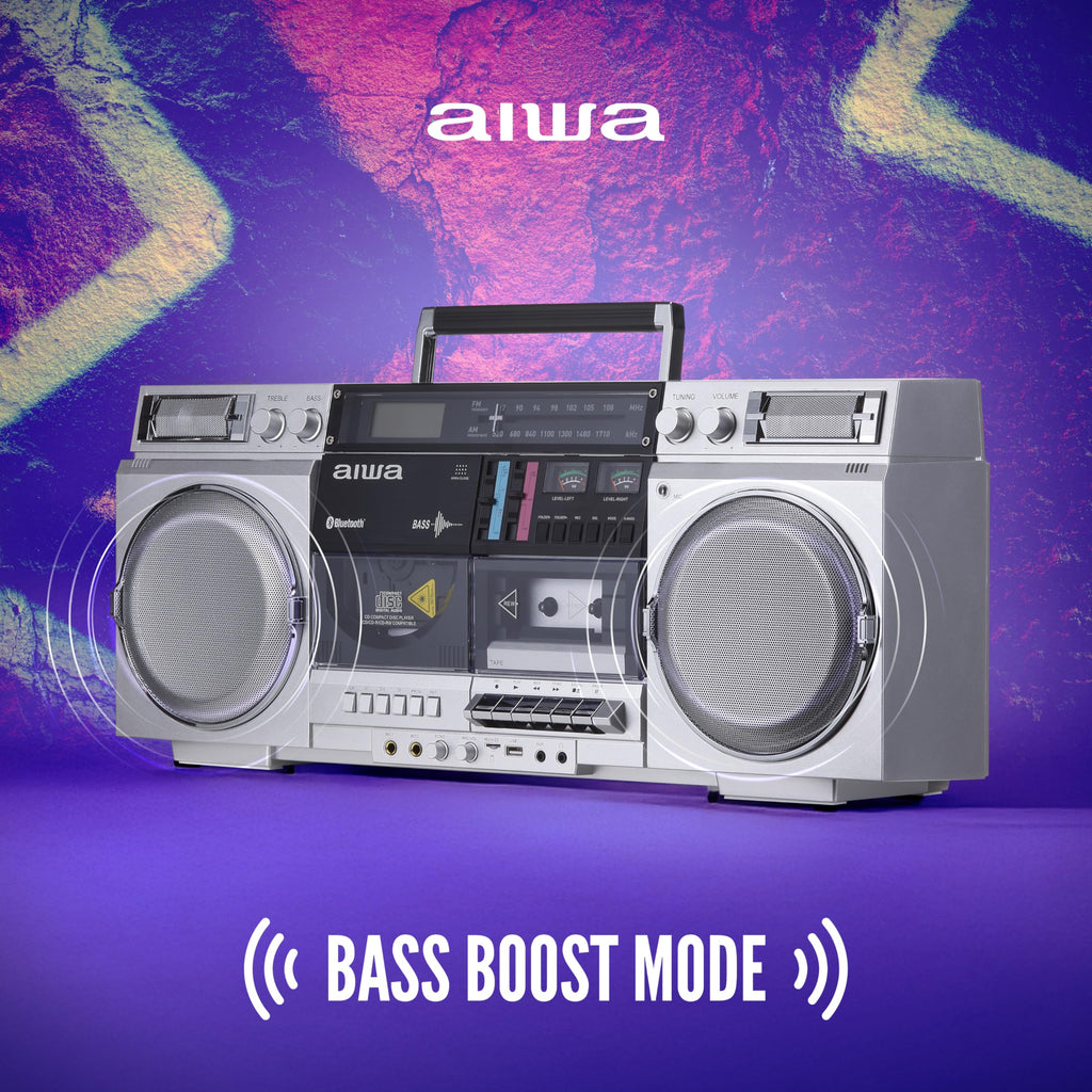 Retro Boombox CD Player with Cassette Recording, Bluetooth, FM/AM Radio, USB/SD/AUX Inputs, Dual 40W Speakers E339548