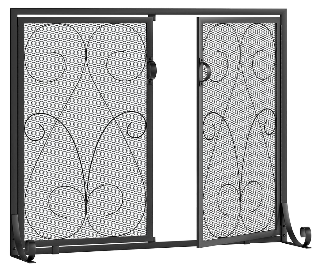 2-Panel Wrought Iron Fireplace Screen with Doors Black M715