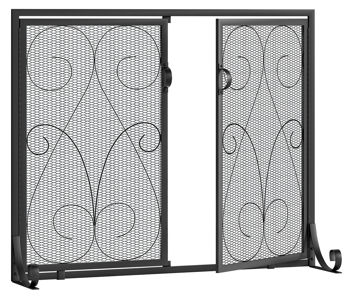 2-Panel Wrought Iron Fireplace Screen with Doors Black M715