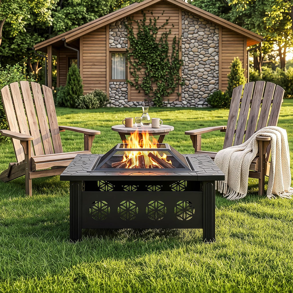 32 Inch Square Wood Burning Fire Pit Table with Spark Screen Lid and Fire Poker X467779
