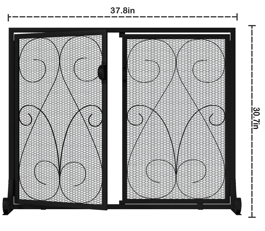 2-Panel Wrought Iron Fireplace Screen with Doors Black M715