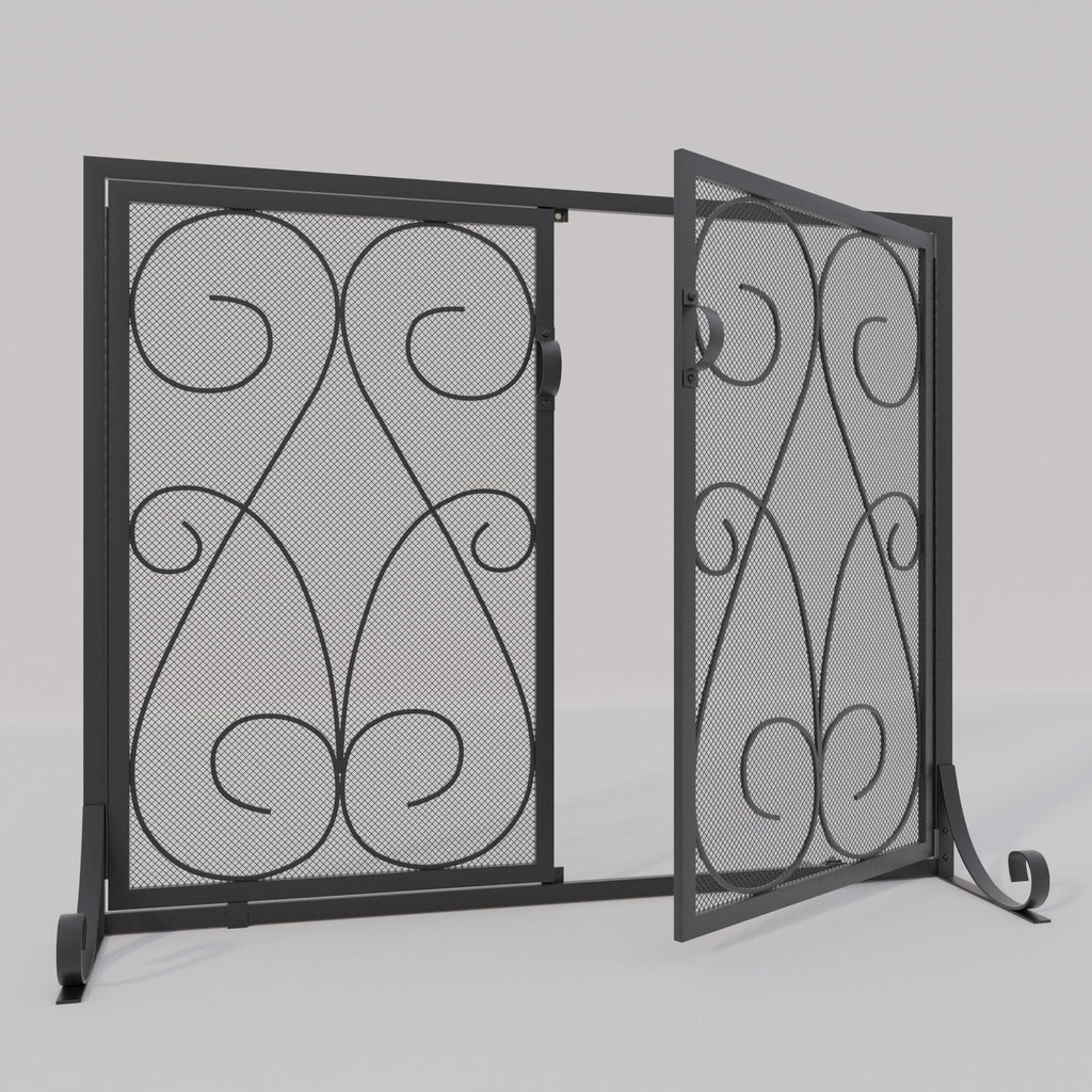 2-Panel Wrought Iron Fireplace Screen with Doors Black M715