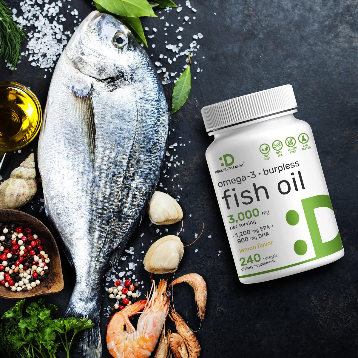 Omega 3 Fish Oil 3,000mg 240 Softgels EPA DHA Lemon Flavored P56195