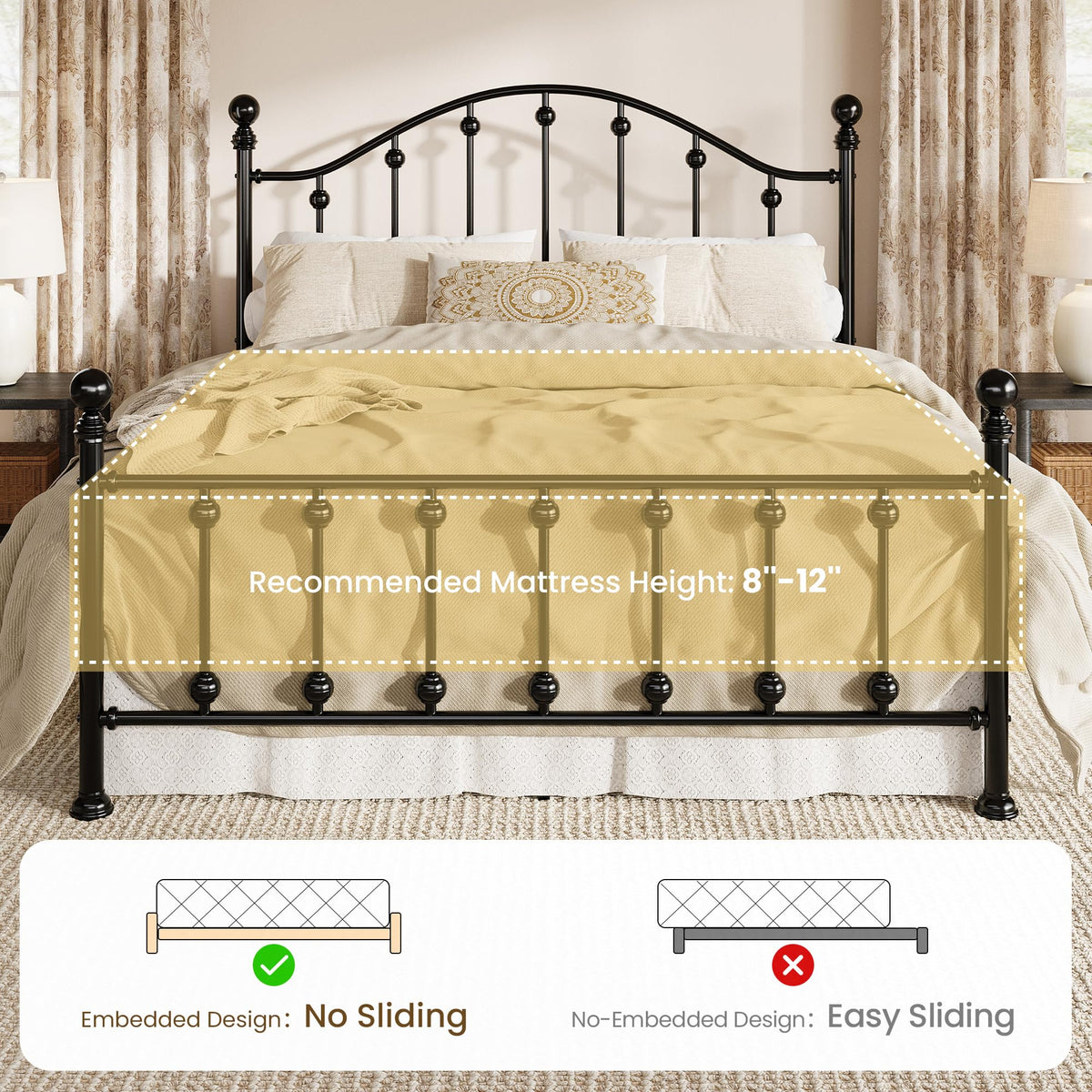 Queen Metal Bed Frame with Victorian Headboard and Footboard Black I195355