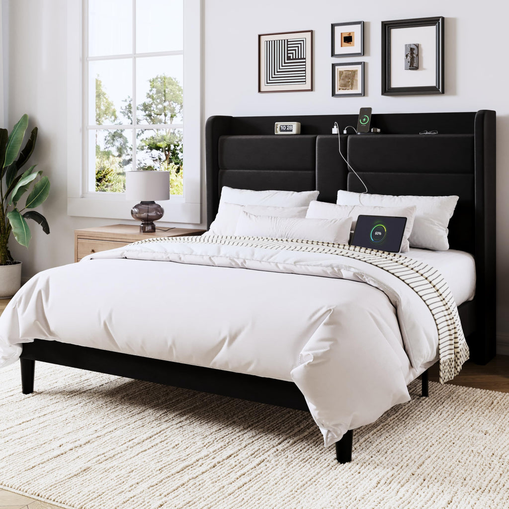Queen Size Black Velvet Upholstered Platform Bed Frame with Storage Headboard L523954