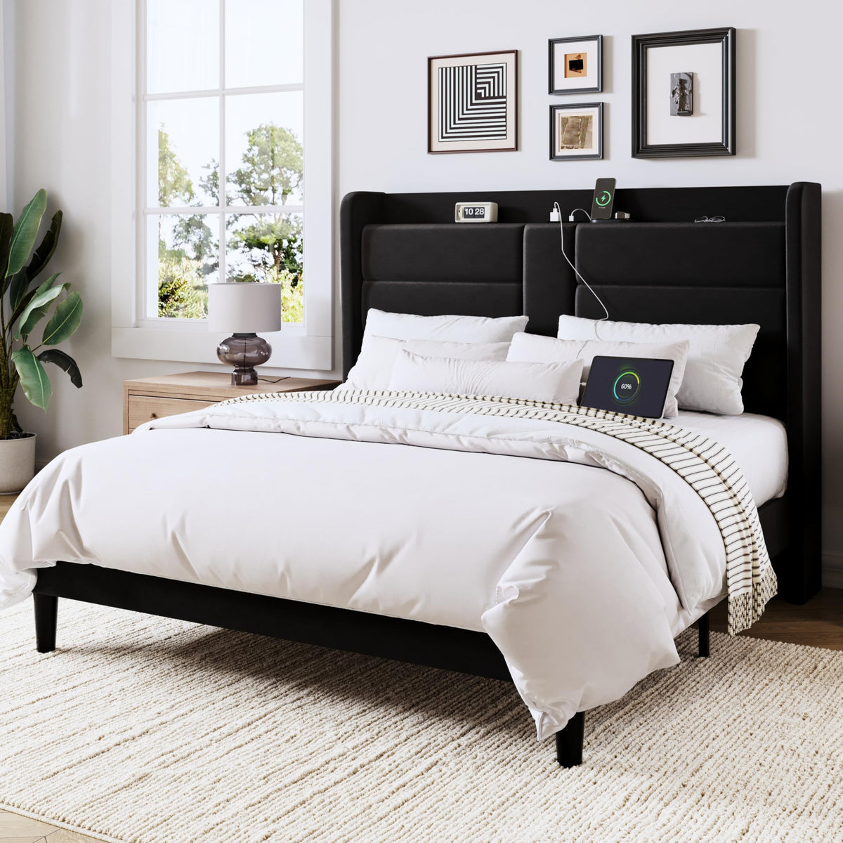 Queen Size Black Velvet Upholstered Platform Bed Frame with Storage Headboard L523954