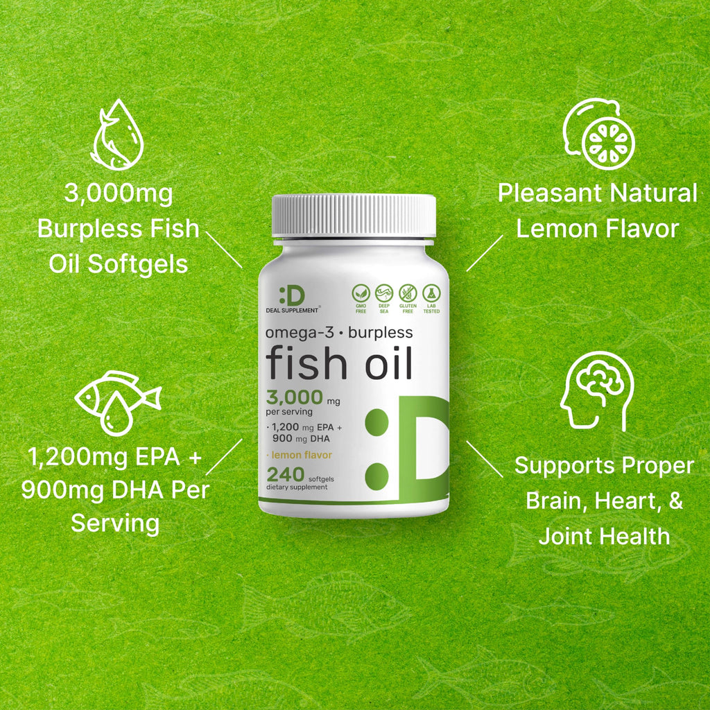 Omega 3 Fish Oil 3,000mg 240 Softgels EPA DHA Lemon Flavored P56195