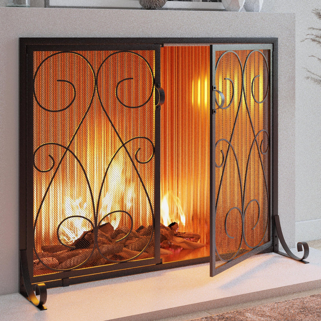 2-Panel Wrought Iron Fireplace Screen with Doors Black M715
