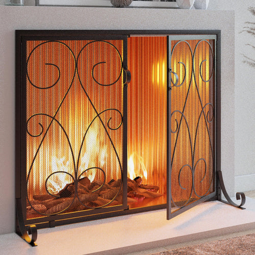 2-Panel Wrought Iron Fireplace Screen with Doors Black M715