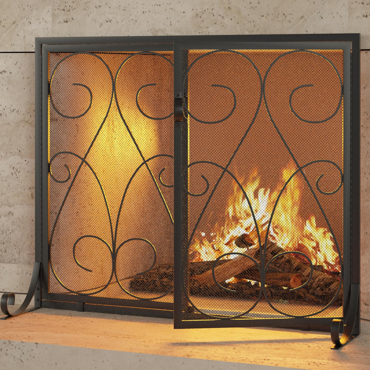 2-Panel Wrought Iron Fireplace Screen with Doors Black M715