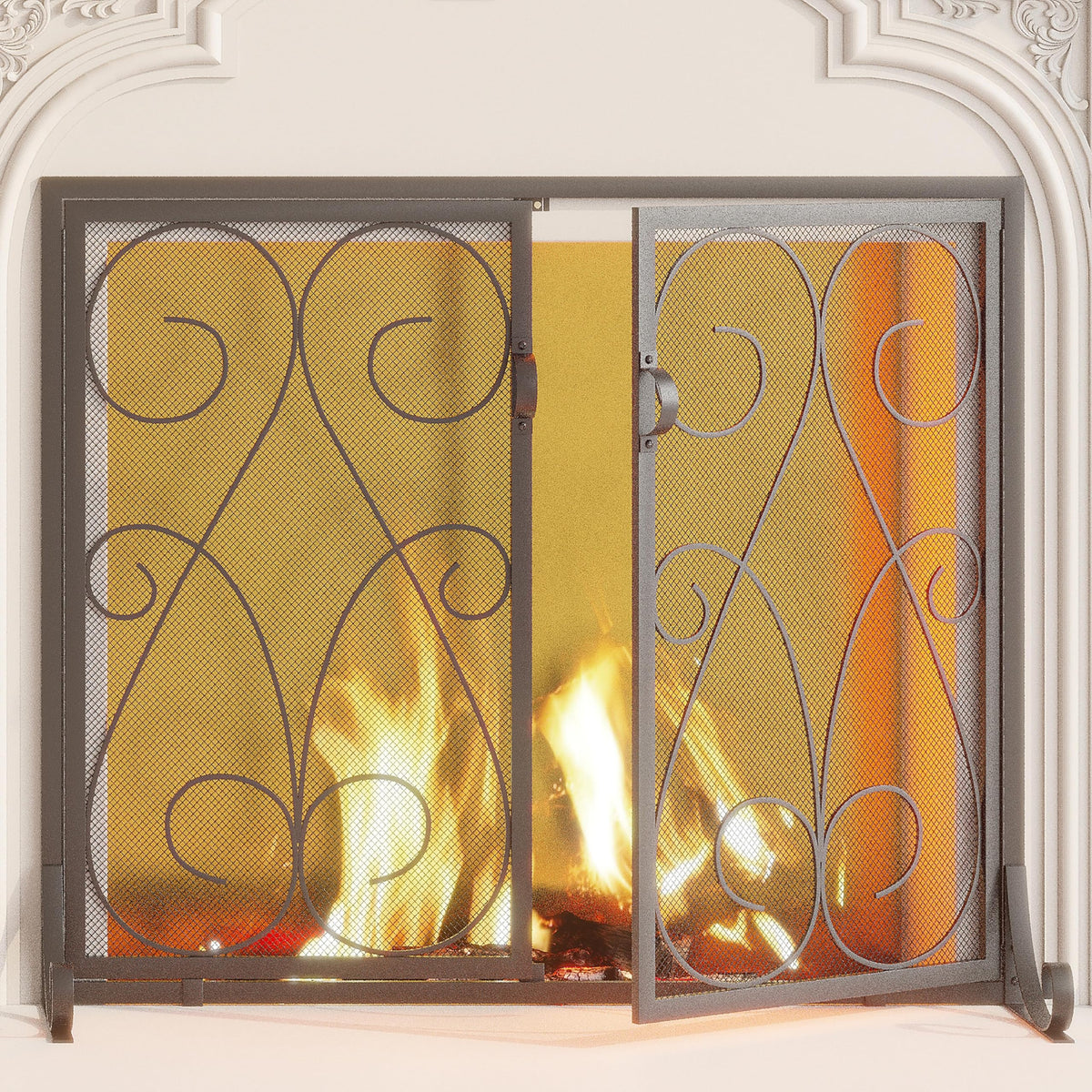 2-Panel Wrought Iron Fireplace Screen with Doors Black M715