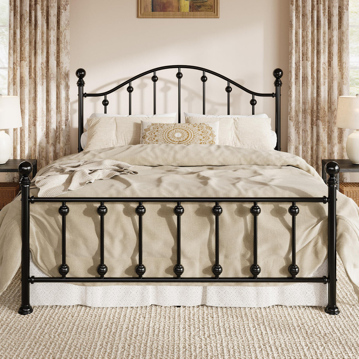 Queen Metal Bed Frame with Victorian Headboard and Footboard Black I195355