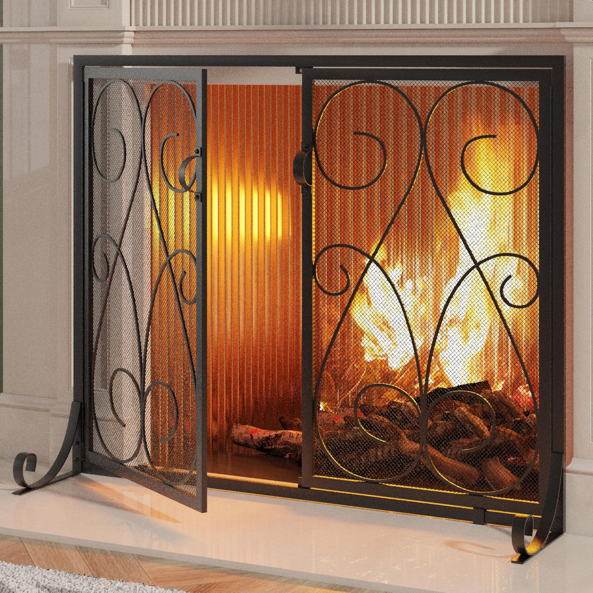 2-Panel Wrought Iron Fireplace Screen with Doors Black M715